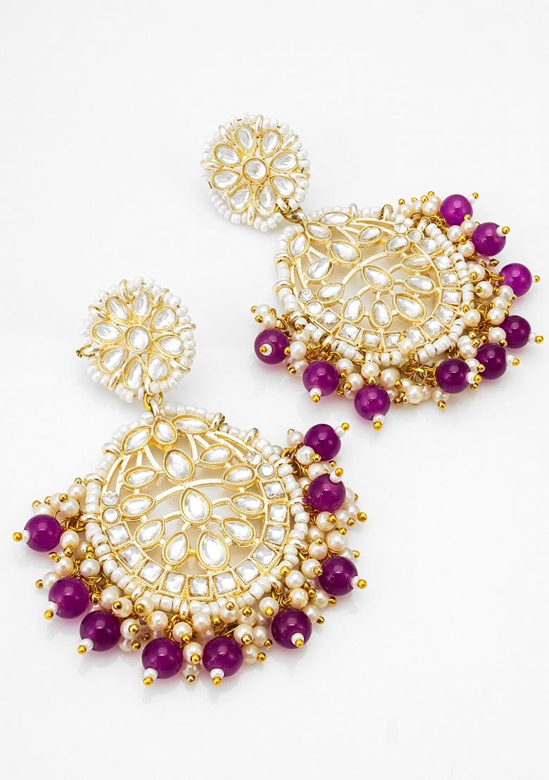 Purple Gold Plating Kundan Artificial Beads Earrings