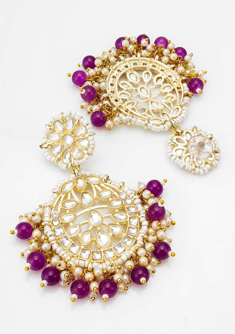 Purple Gold Plating Kundan Artificial Beads Earrings - Indya