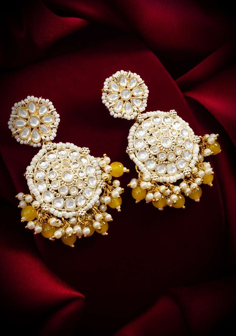 YellowWhite Gold Plating Kundan Artificial Beads Earrings - Indya
