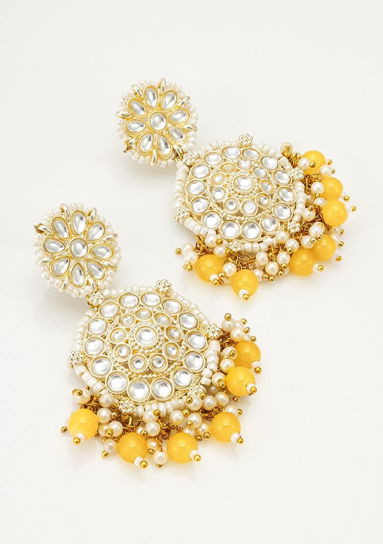 YellowWhite Gold Plating Kundan Artificial Beads Earrings