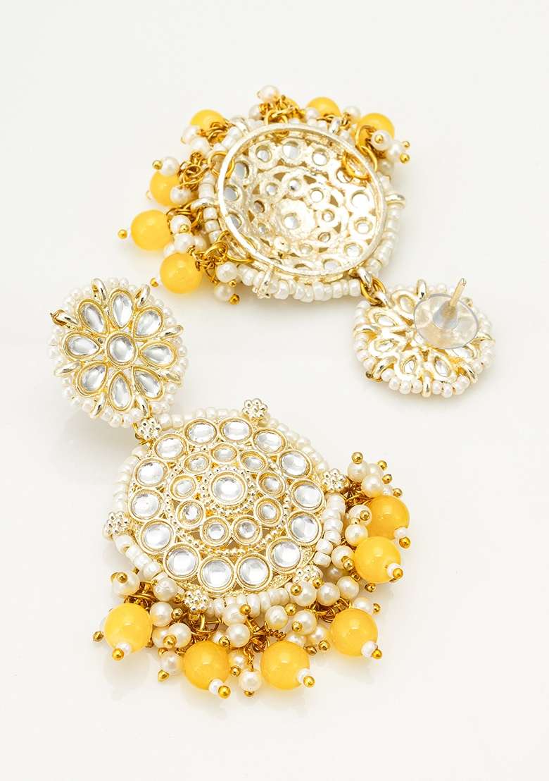 YellowWhite Gold Plating Kundan Artificial Beads Earrings - Indya