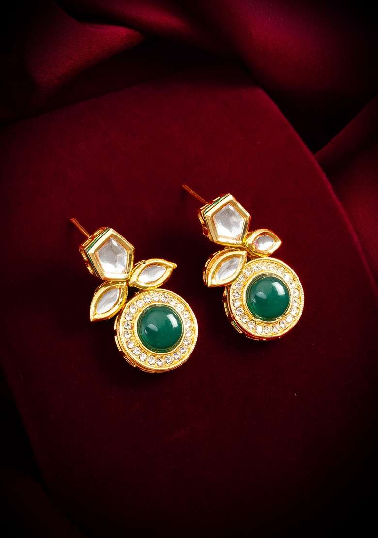 Green Gold Plating Kundan Artificial Beads Earrings - Indya
