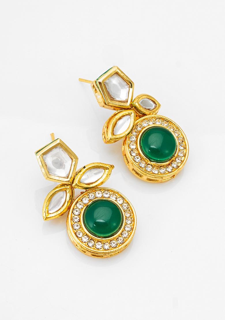 Green Gold Plating Kundan Artificial Beads Earrings