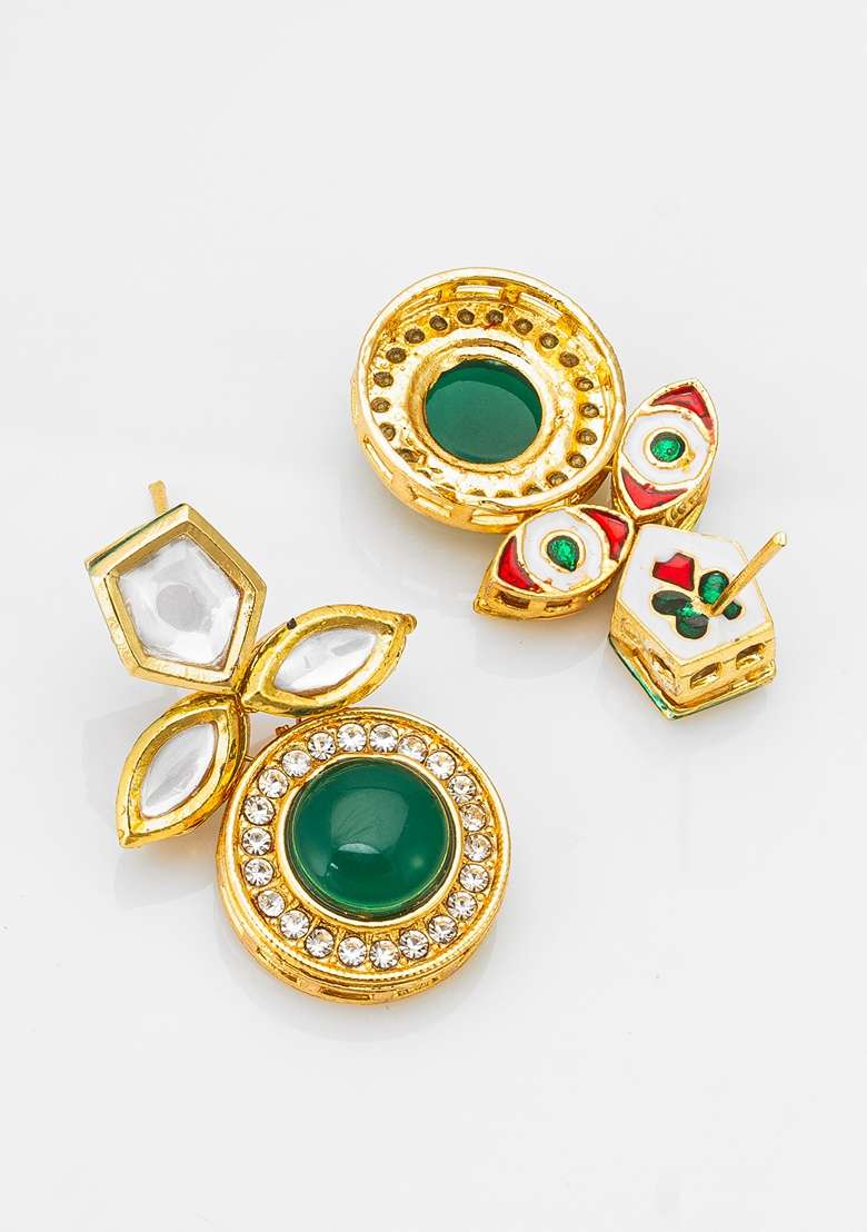 Green Gold Plating Kundan Artificial Beads Earrings - Indya