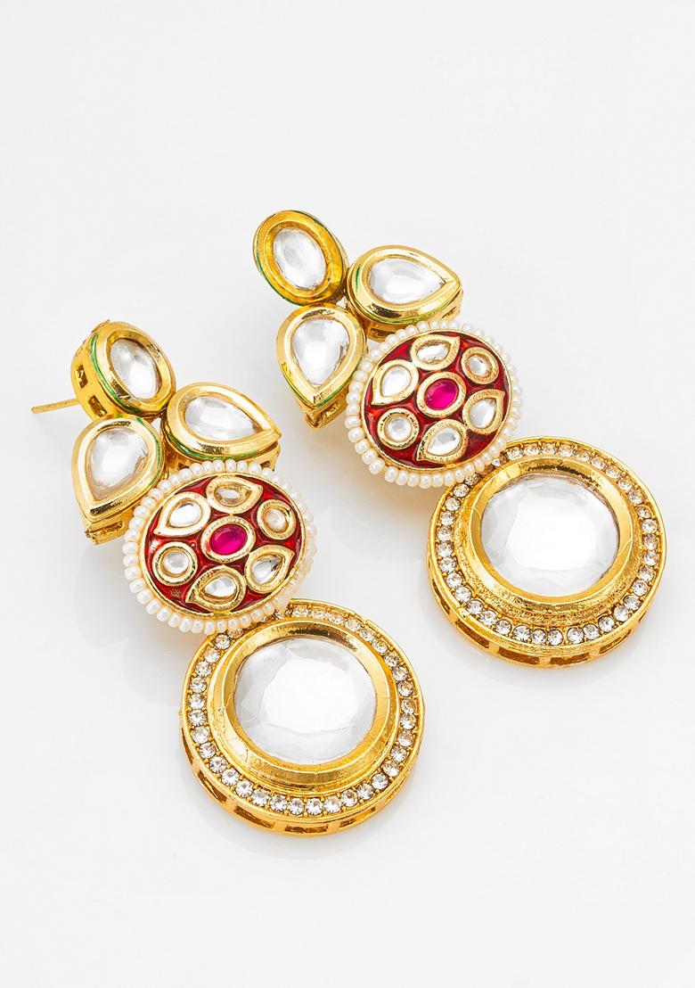 Maroon Gold Plating Kundan Artificial Beads Earrings
