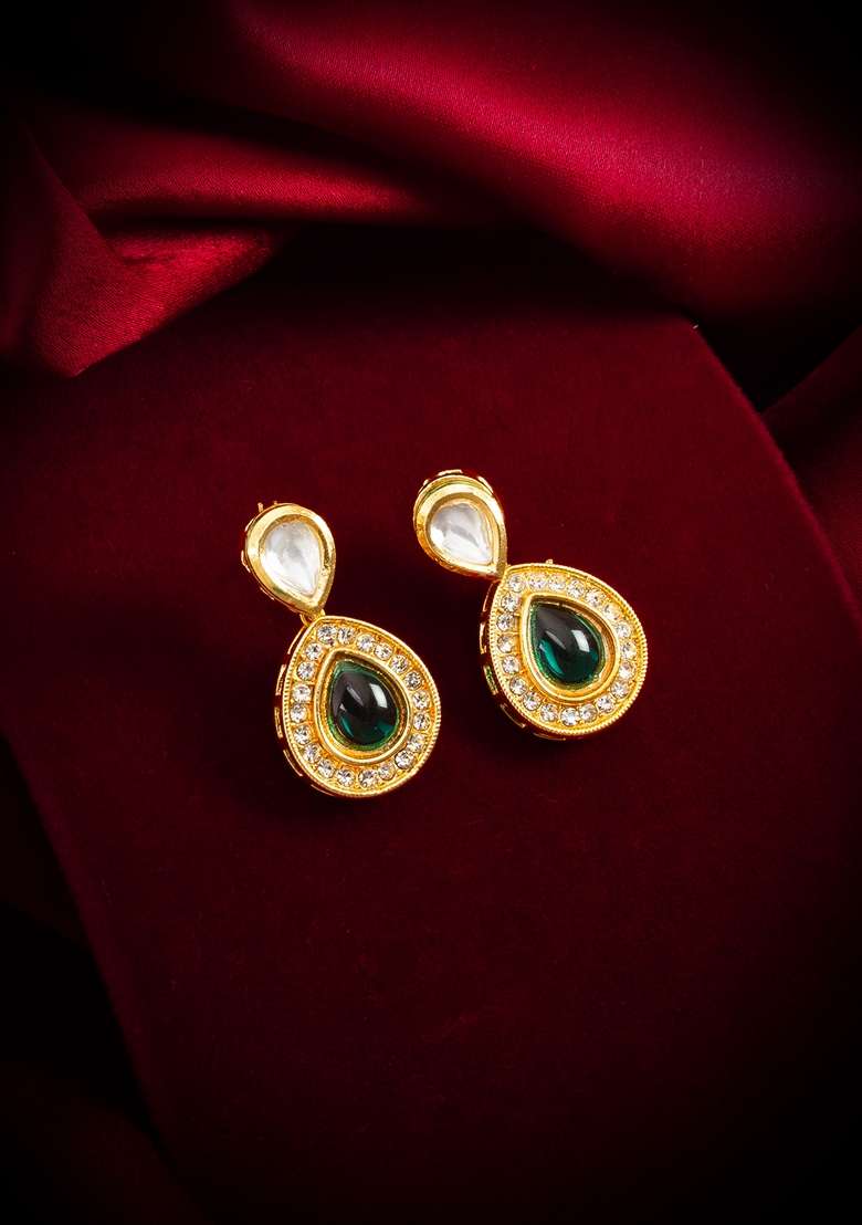 Green Gold Plating Kundan Artificial Beads Earrings - Indya