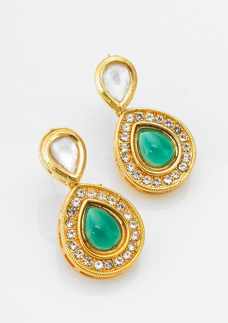 Green Gold Plating Kundan Artificial Beads Earrings