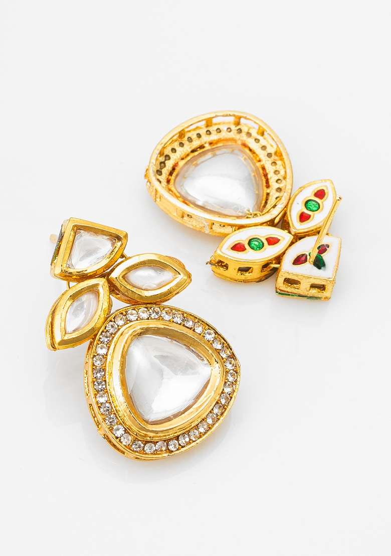 White Gold Plating Kundan Artificial Beads Earrings - Indya
