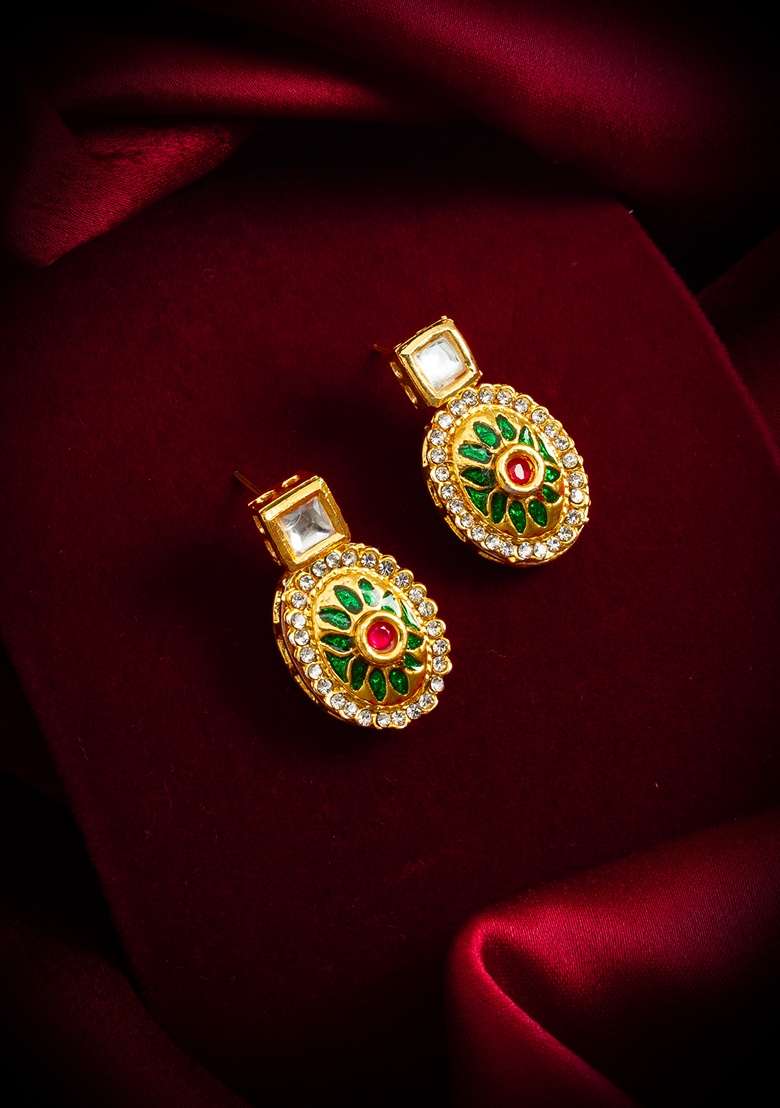 Multicolor Gold Plating Kundan Artificial Beads Earrings - Indya