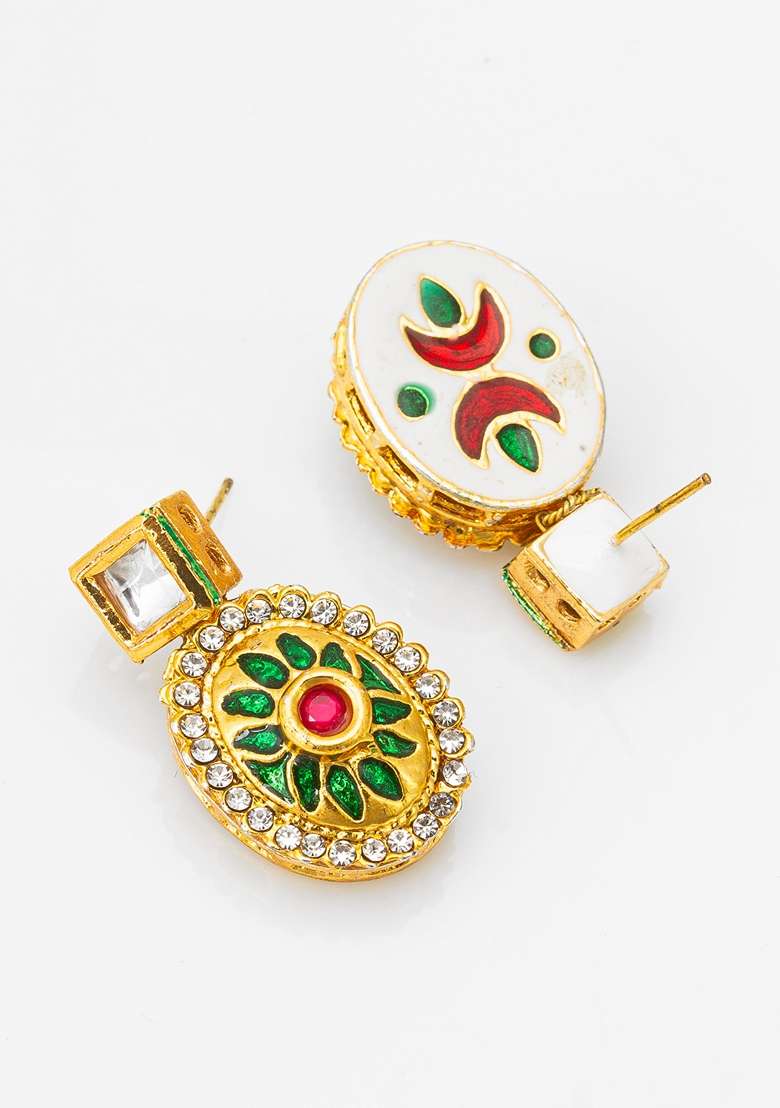 Multicolor Gold Plating Kundan Artificial Beads Earrings - Indya