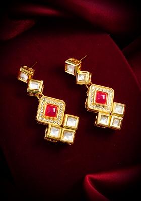 Red Gold Plating Kundan Artificial Beads Earrings