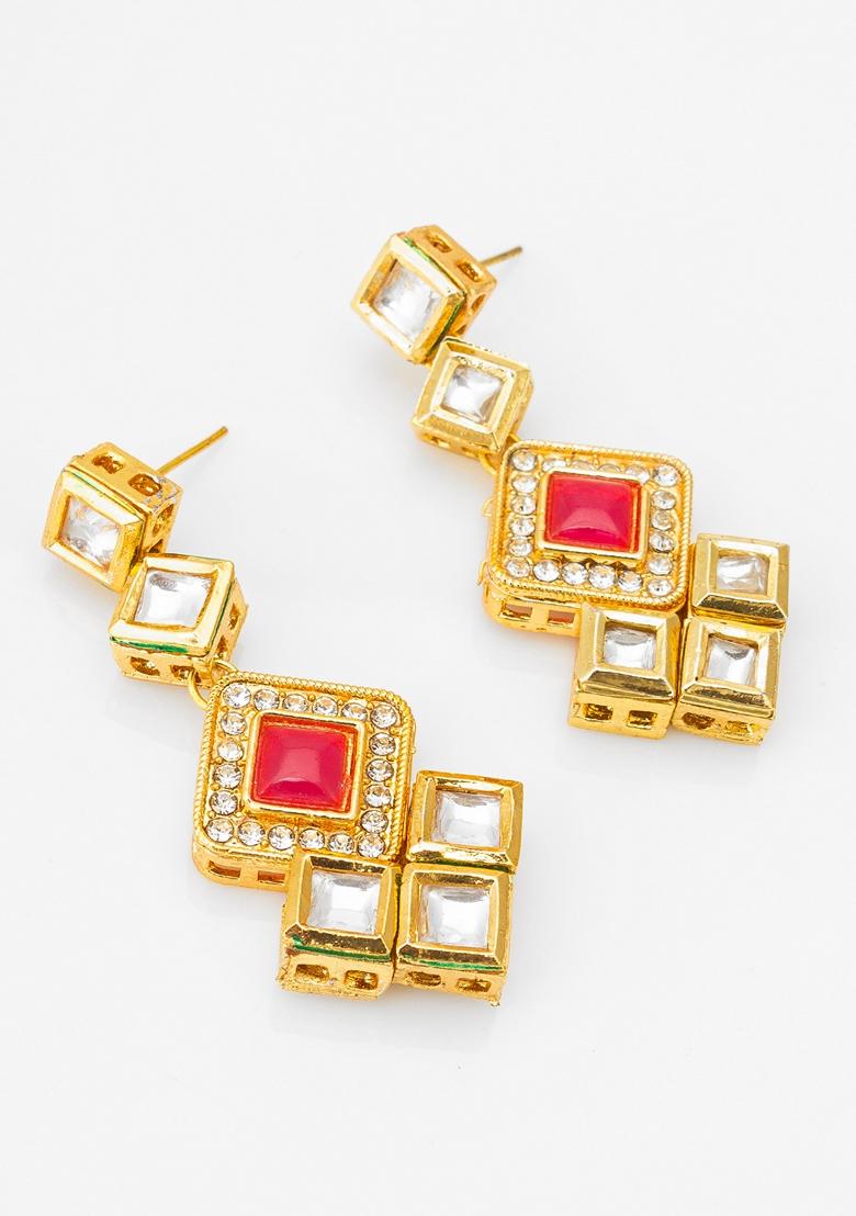 Red Gold Plating Kundan Artificial Beads Earrings