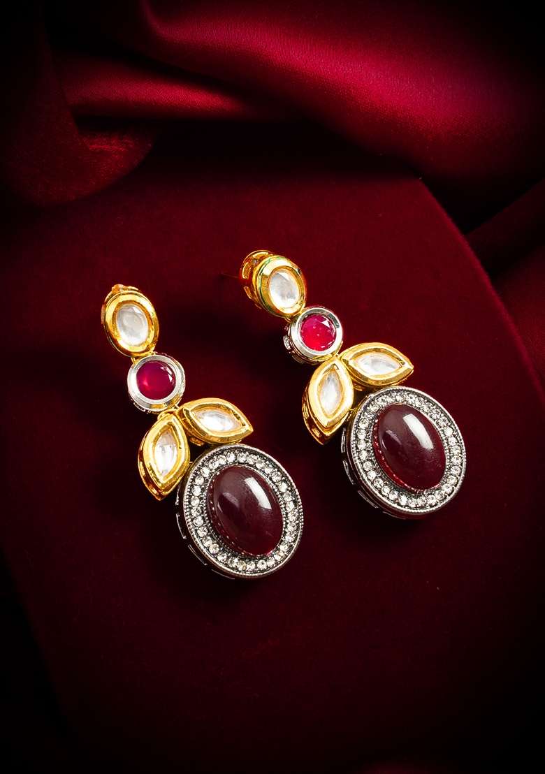 Multicolor Silver Plating Kundan Artificial Beads Earrings - Indya