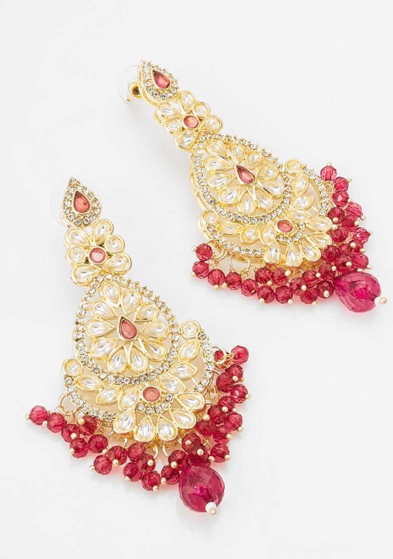 Maroon Gold Plating Kundan Pearl Artificial Stone Earrings