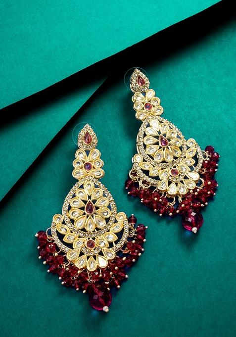 Maroon Gold Plating Kundan Pearl Artificial Stone Earrings