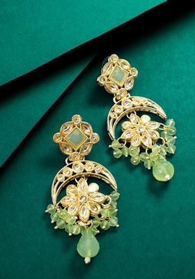 Parrot Green Gold Plating Kundan Pearl Artificial Stone Earrings