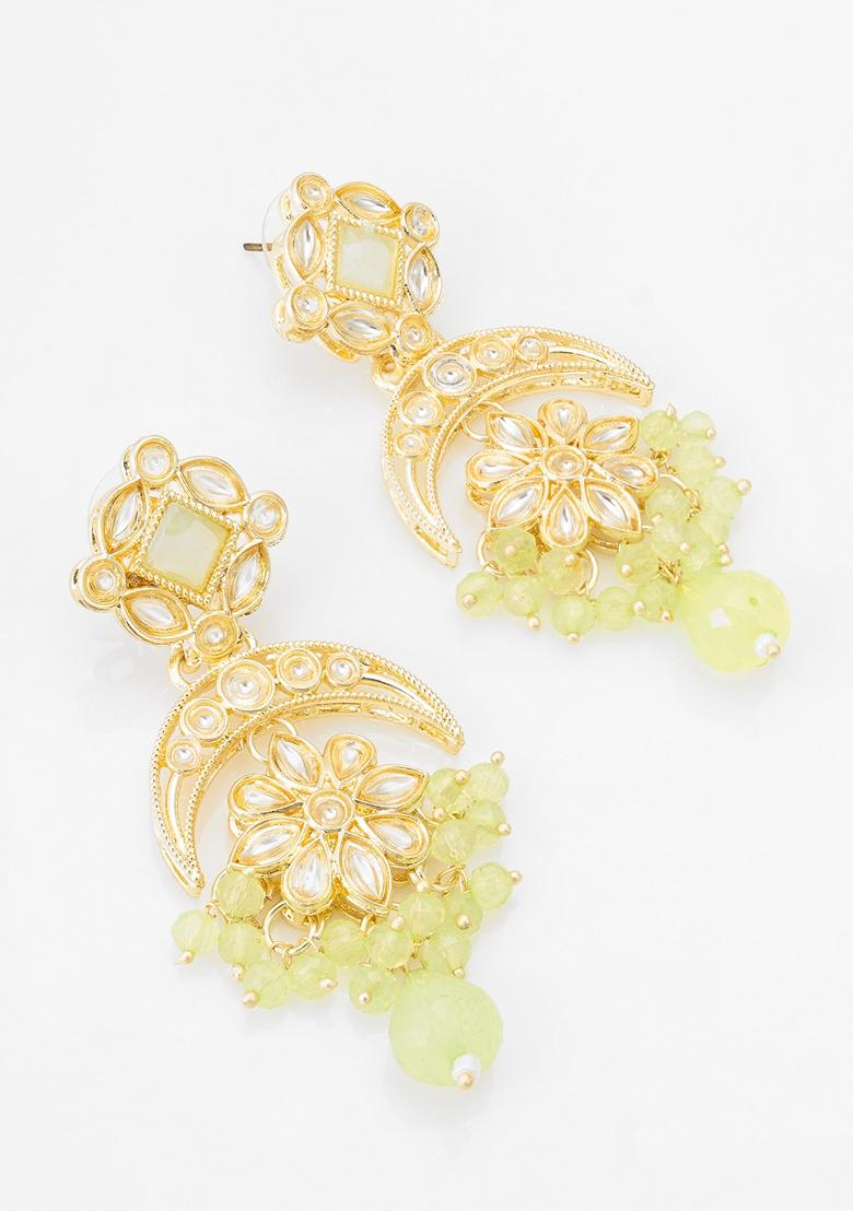 Parrot Green Gold Plating Kundan Pearl Artificial Stone Earrings