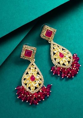Pink Gold Plating Kundan Pearl Artificial Stone Earrings