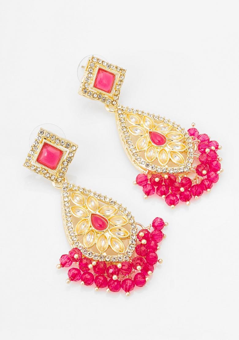Pink Gold Plating Kundan Pearl Artificial Stone Earrings