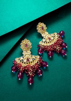 Red Gold Plating Kundan Pearl Artificial Stone Earrings