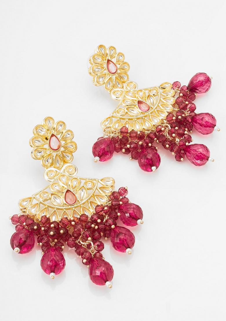 Red Gold Plating Kundan Pearl Artificial Stone Earrings