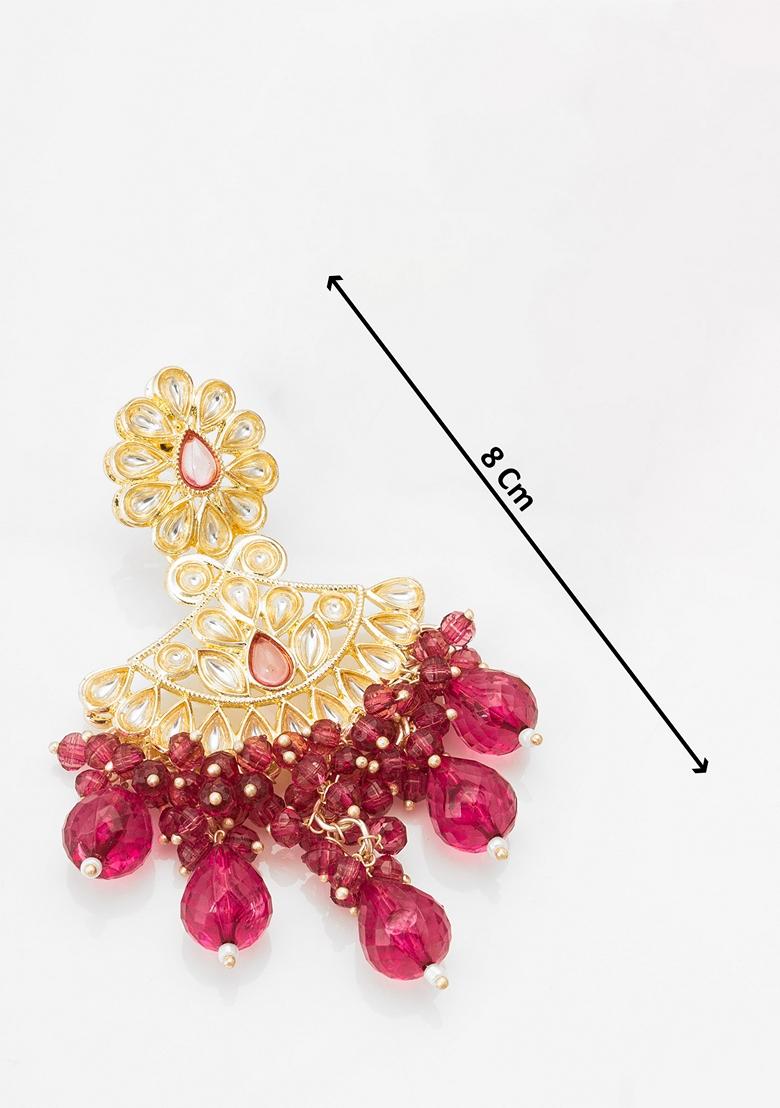 Red Gold Plating Kundan Pearl Artificial Stone Earrings