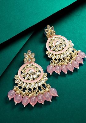 Pink Gold Plating Kundan Pearl Artificial Stone Earrings