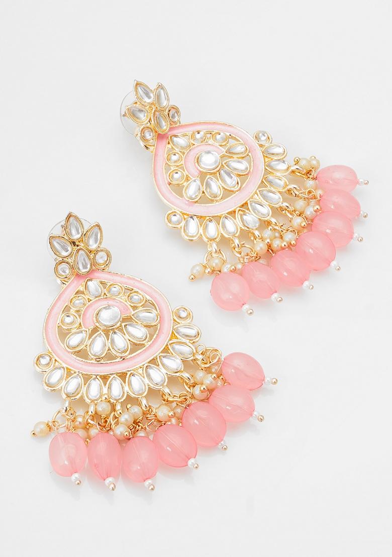 Pink Gold Plating Kundan Pearl Artificial Stone Earrings