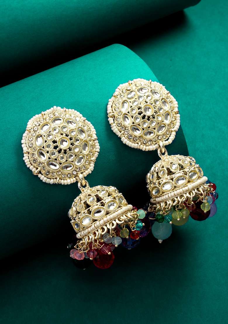 Multicolor Gold Plating Kundan Pearl Artificial Stone Earrings - Indya