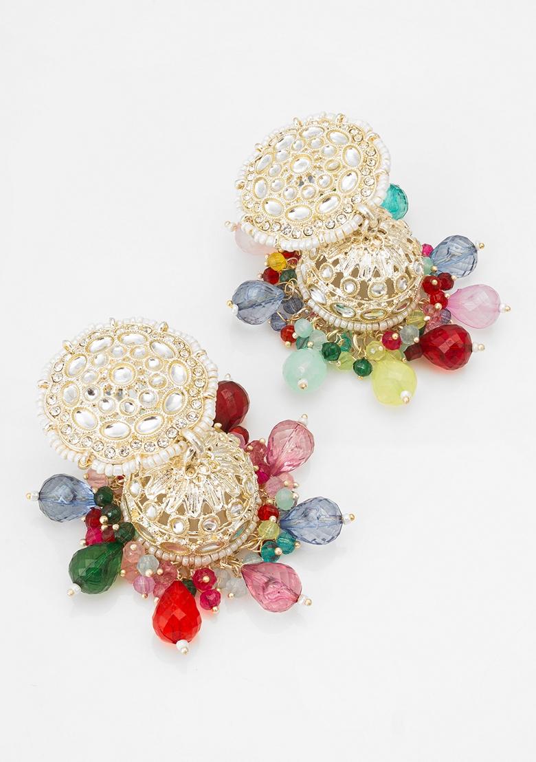 Multicolor Gold Plating Kundan Pearl Artificial Stone Earrings