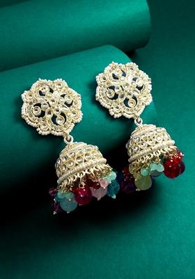 Multicolor Gold Plating Kundan Pearl Artificial Stone Earrings