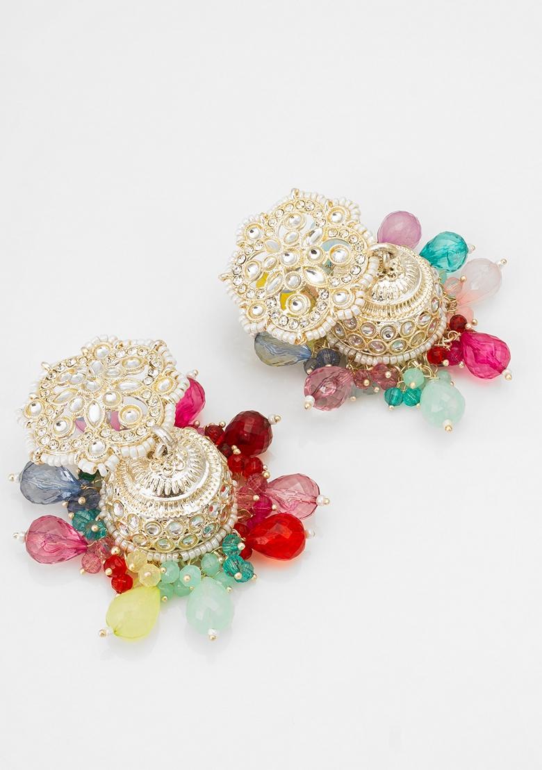 Multicolor Gold Plating Kundan Pearl Artificial Stone Earrings