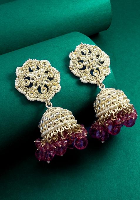 Maroon Gold Plating Kundan Pearl Artificial Stone Earrings