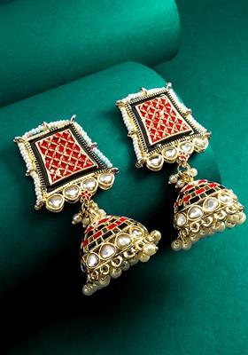 Light Golden Gold Plating Kundan Pearl Artificial Stone Earrings