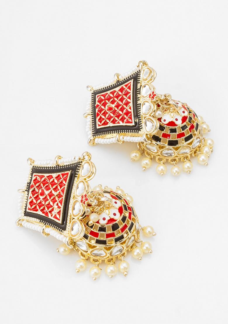 Light Golden Gold Plating Kundan Pearl Artificial Stone Earrings