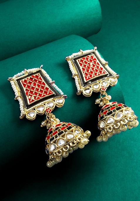 Light Golden Gold Plating Kundan Pearl Artificial Stone Earrings