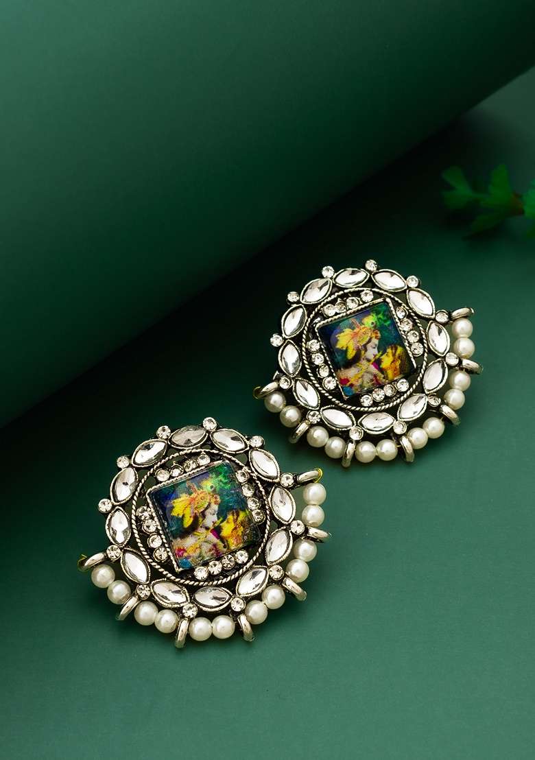 Multicolor Silver Plating Artificial Stones Pearls Earrings - Indya