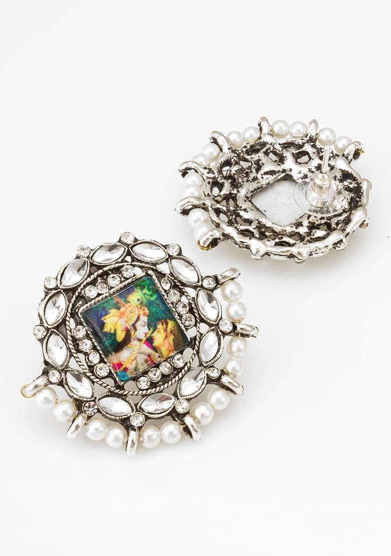 Multicolor Silver Plating Artificial Stones Pearls Earrings - Indya