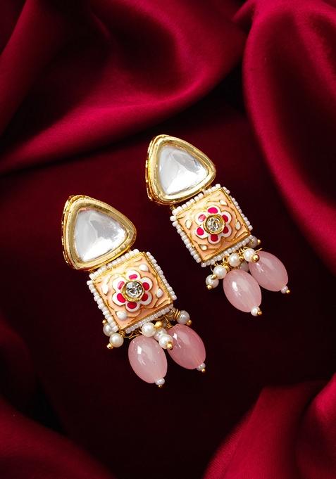 Pink Gold Plating Kundan Pearl Earrings