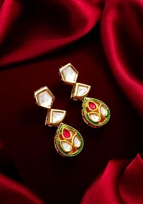 Red Gold Plating Kundan Pearl Earrings