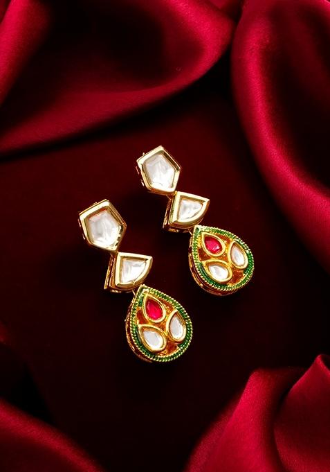 Red Gold Plating Kundan Pearl Earrings