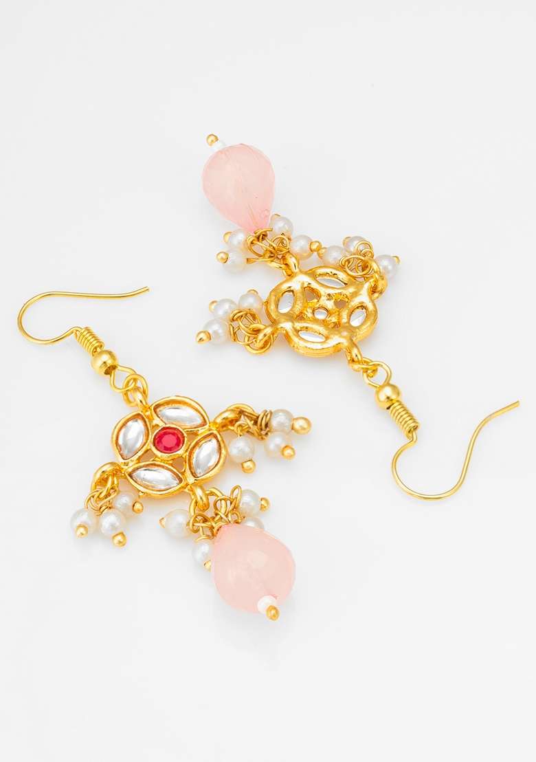 White Gold Plating Kundan Pearl Earrings - Indya