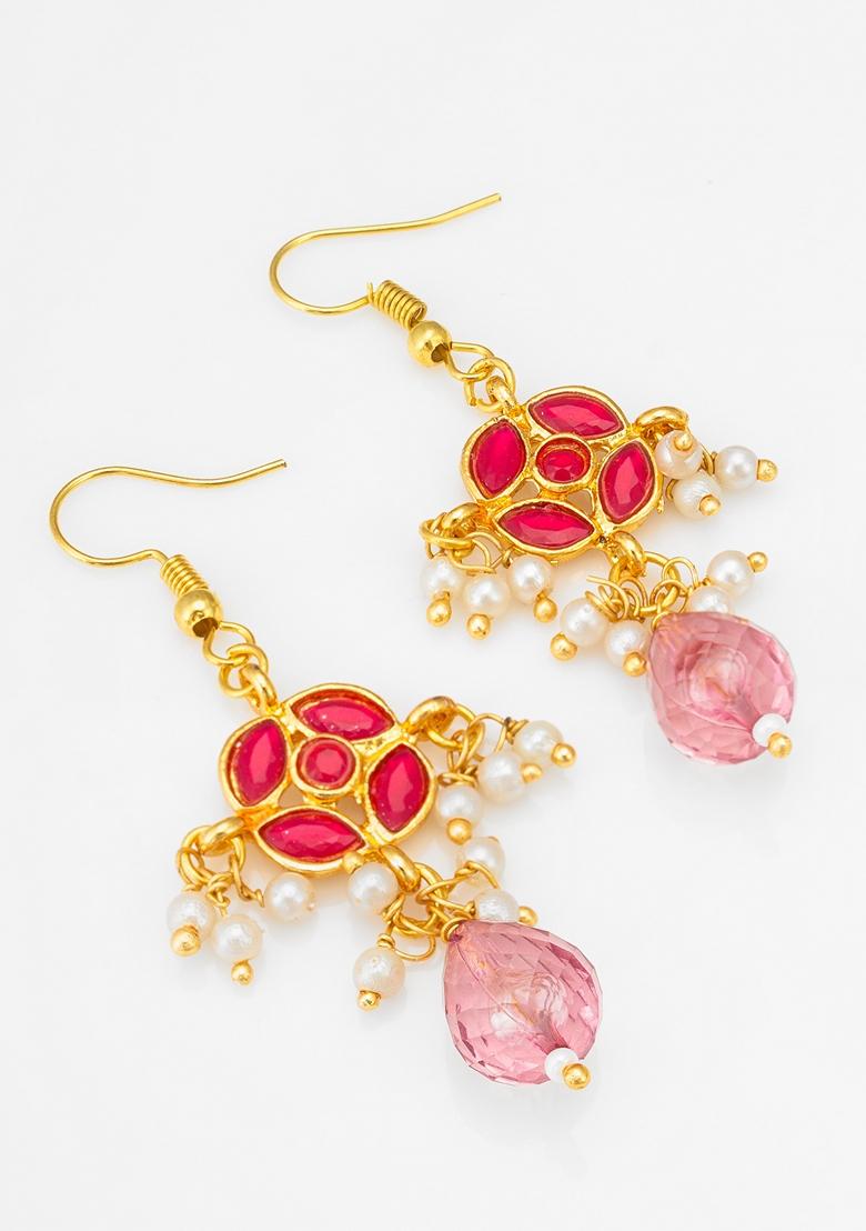 Red Gold Plating Kundan Pearl Earrings