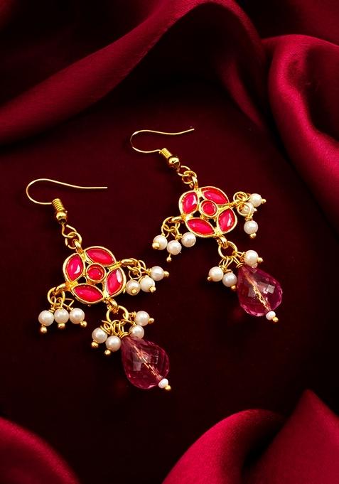 Red Gold Plating Kundan Pearl Earrings