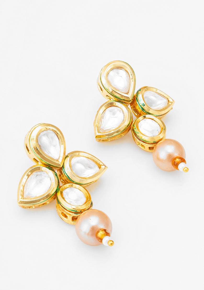 Green Silver Plating Kundan Pearl Earrings