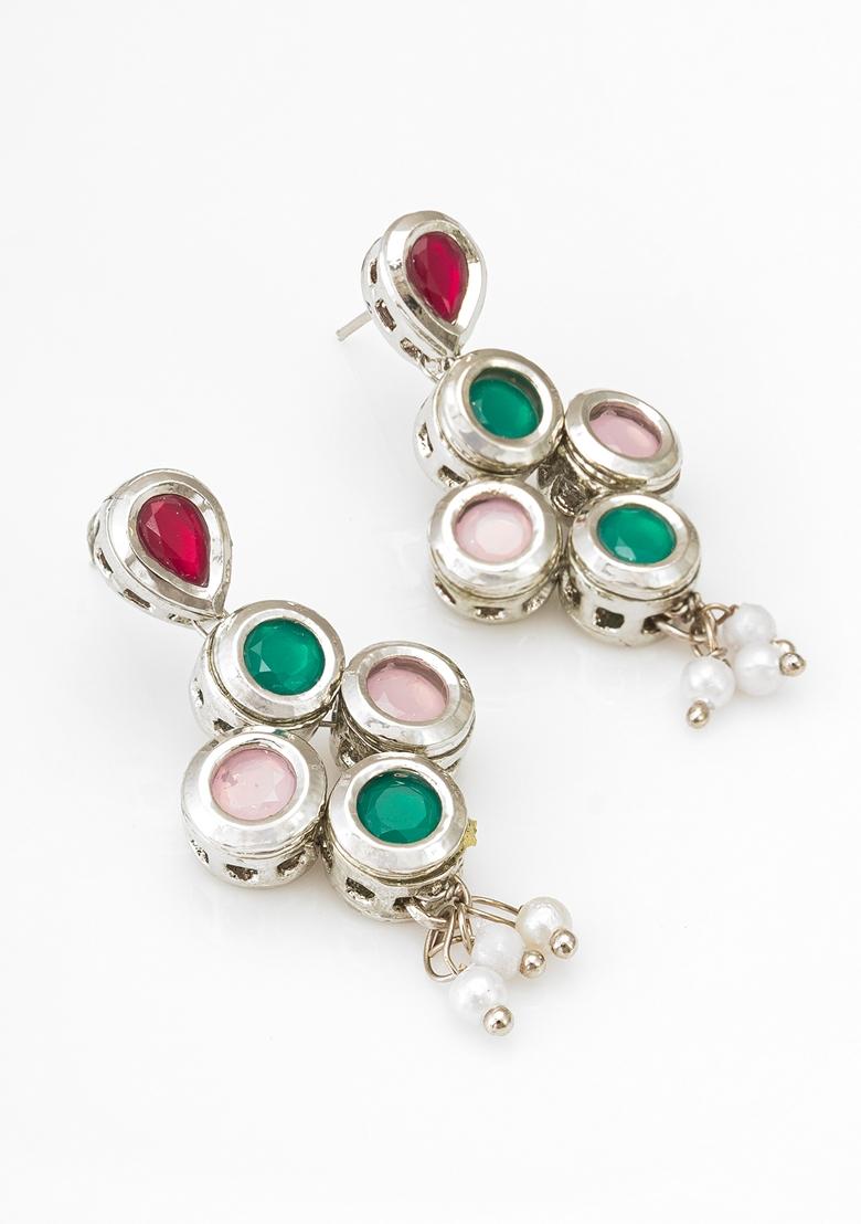Multicolor Silver Plating Kundan Pearl Earrings