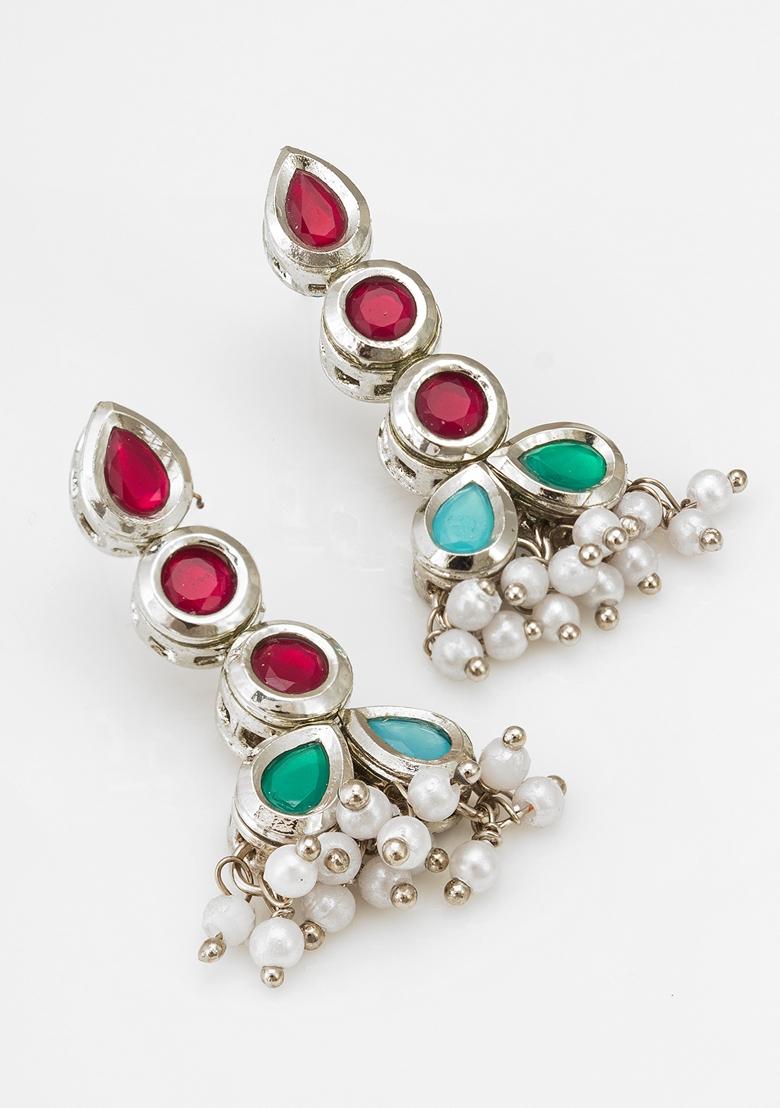 Multicolor Silver Plating Kundan Pearl Earrings