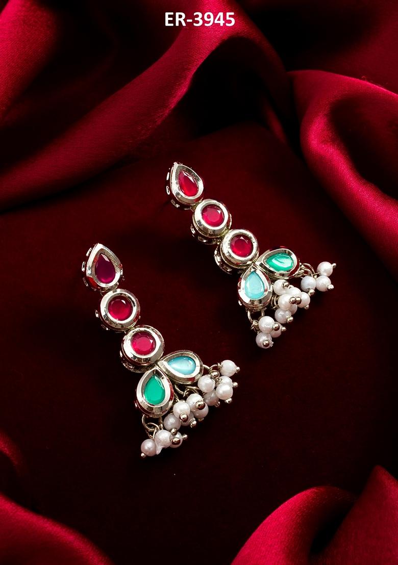 Multicolor Silver Plating Kundan Pearl Earrings