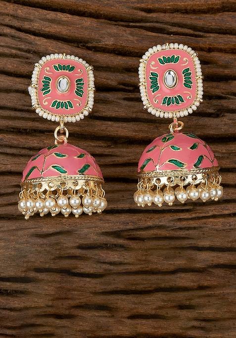 Golden White Pink Kundan Earing