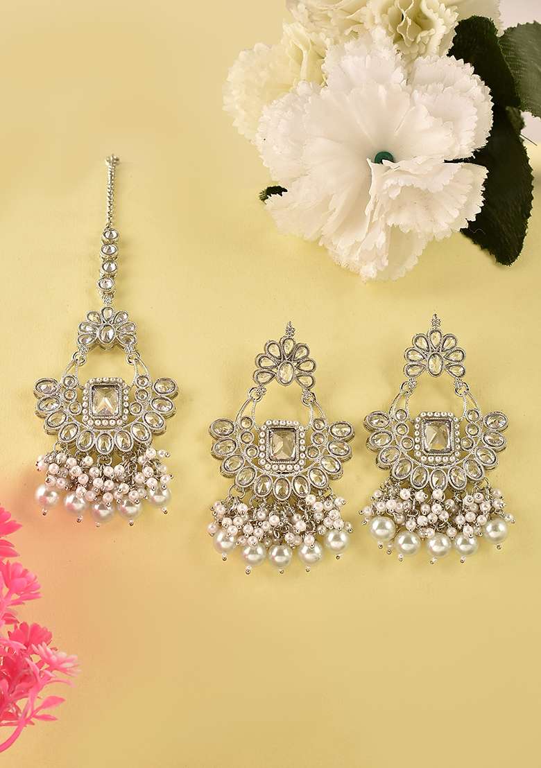 Silver White Silver Tone Polki Kundan Earring And Tika - Indya